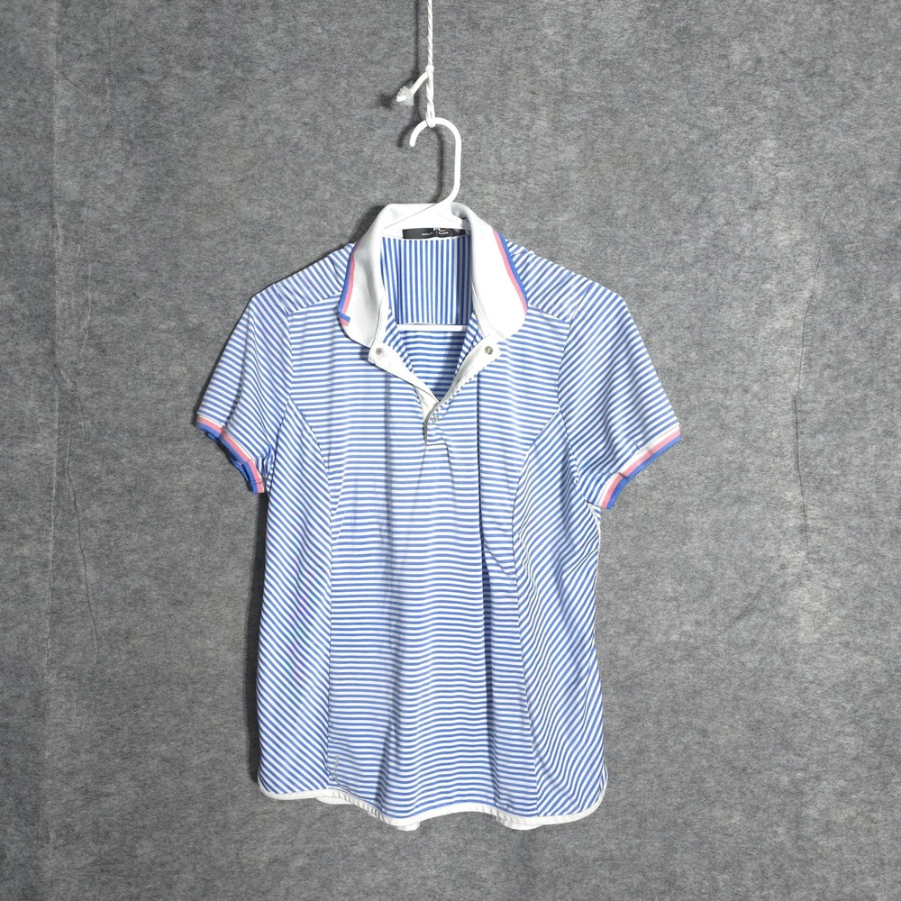 RLX Ralph Lauren Polo Women Large Blue Striped Short Sleeve Golf Snap Active Top